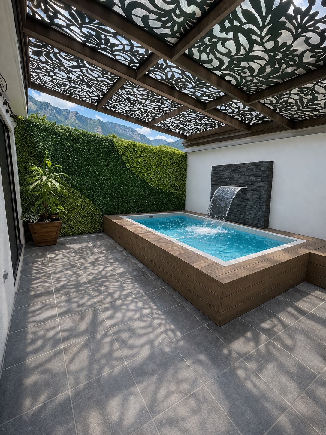 Alberca con pérgola y cascada